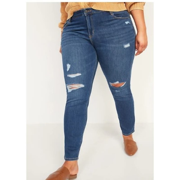 Old Navy Power Slim Straight Mid Rise Distressed Blue Jeans Women Sz 28 Plus - Picture 1 of 10